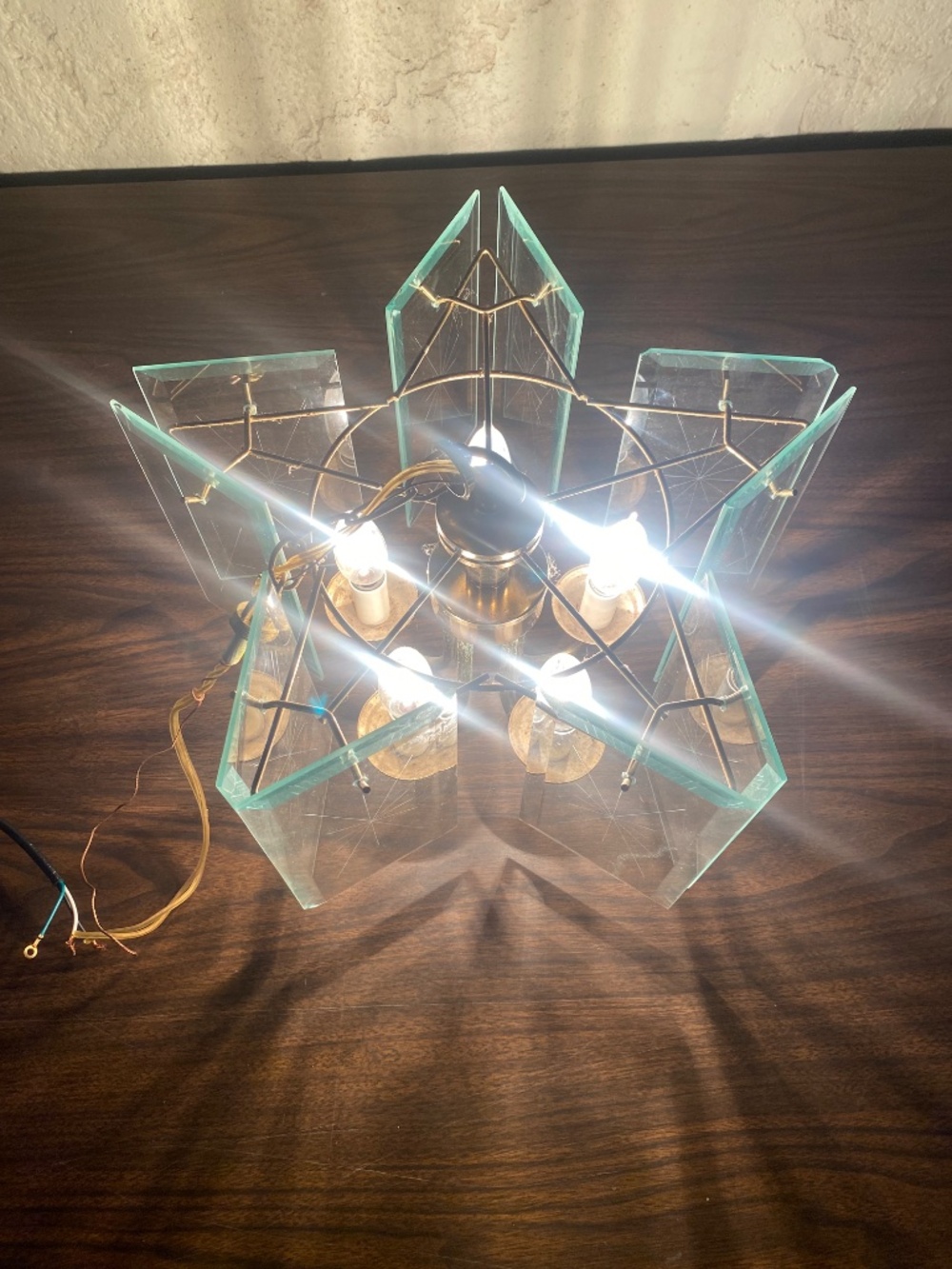 Vintage Star 5 Light Beveled Glass Hanging Chandelier Circa 1970s Swag Lamp MCM